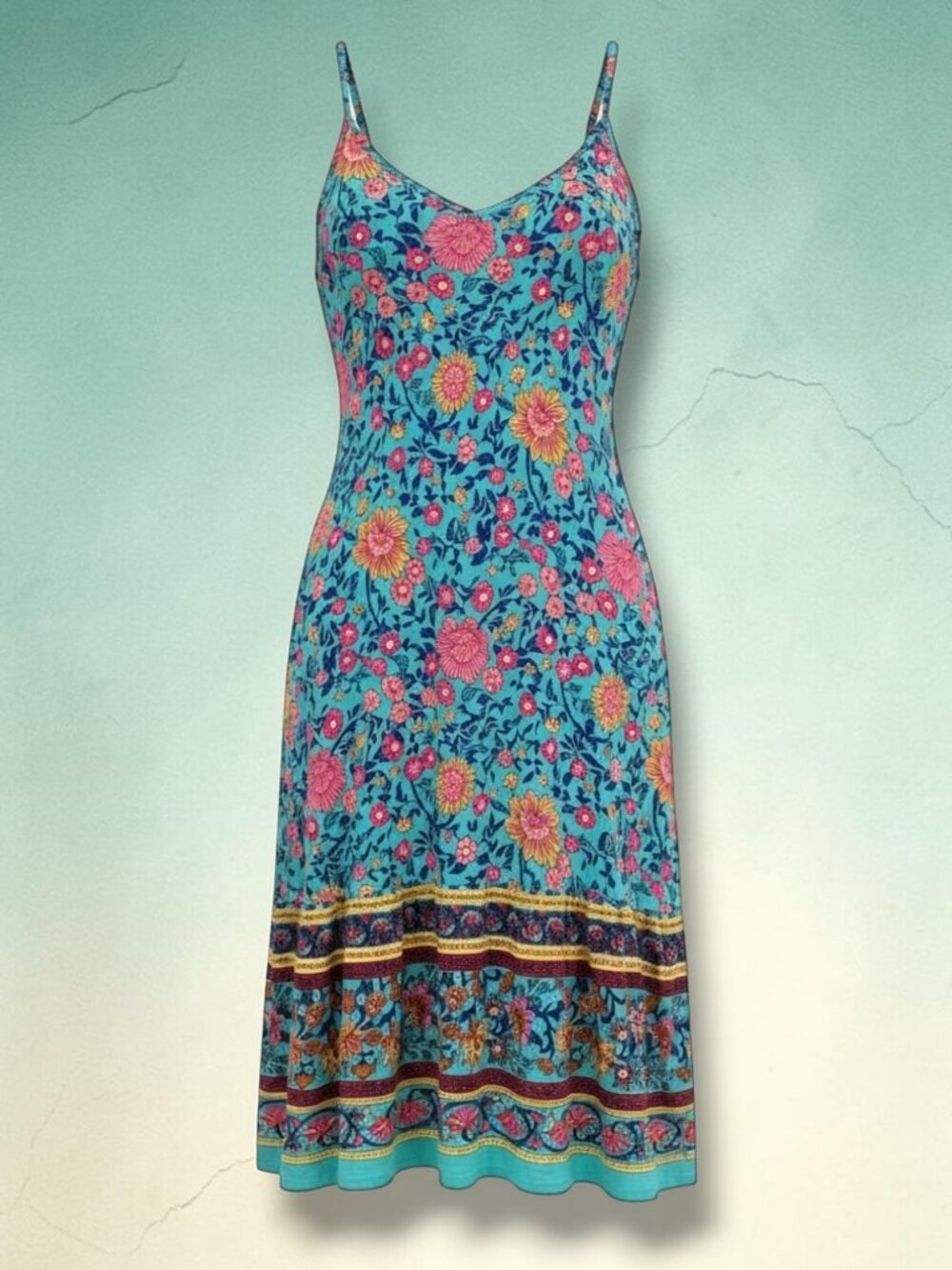 Qearal Pink Blue Floral Tiered Summer Mini Dress Pockets M